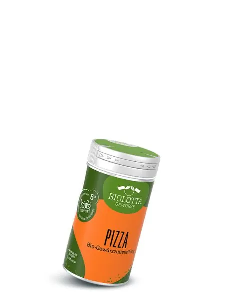 Dose Biolotta Pizza Bio-Gewürzzubereitung mit grün-orangefarbenem Etikett.