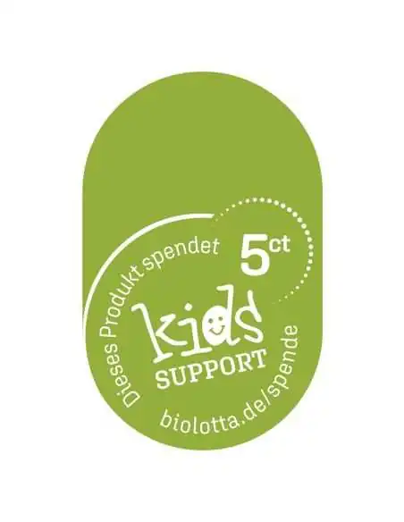 Grünes Logo mit weißem Schriftzug „Dieses Produkt spendet 5 ct – kids Support“