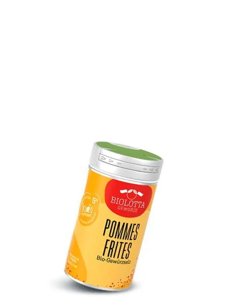 Dose Biolotta Pommes Frites Bio-Gewürzsalz mit gelb-rotem Etikett und grünem Deckel.