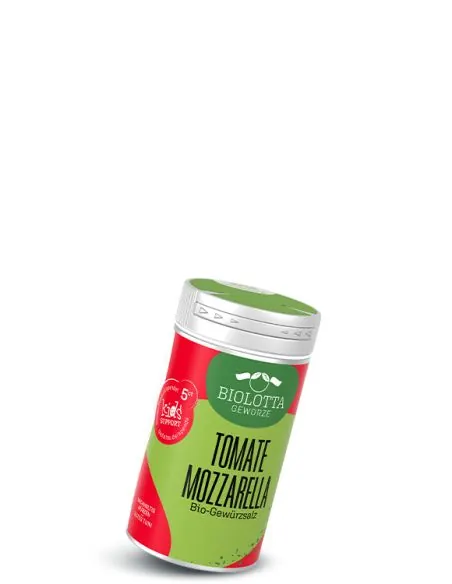Dose Biolotta Tomate Mozzarella Bio-Gewürzsalz mit grünem Deckel und rot-grünem Etikett.