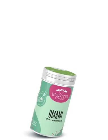 Dose Biolotta Umami Bio-Gewürzsalz mit grünem Deckel und mintgrün-rosa Etikett.