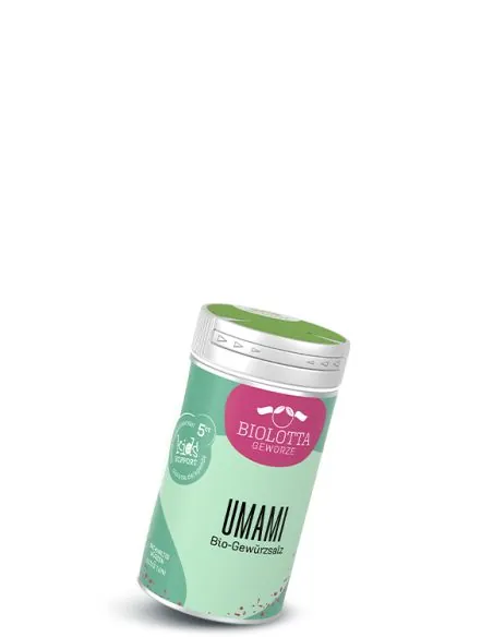 Dose Biolotta Umami Bio-Gewürzsalz mit grünem Deckel und mintgrün-rosa Etikett.
