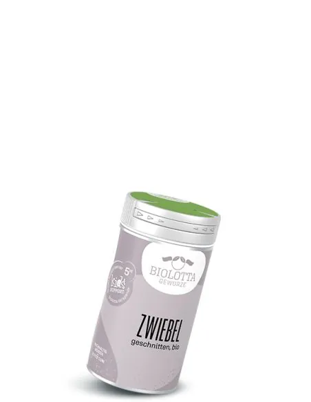 Dose Biolotta Zwiebel, geschnitten in Bio-Qualität, mit grünem Deckel und grauem Etikett.