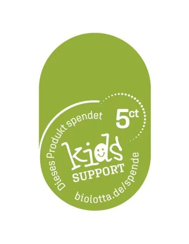 Grünes Logo mit weißem Schriftzug „Dieses Produkt spendet 5 ct – kids Support“
