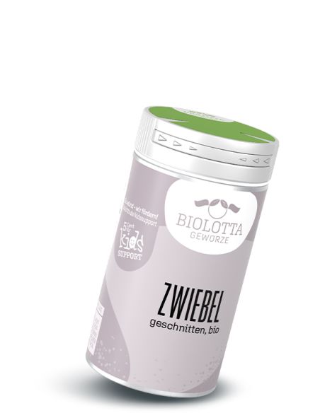 Dose Biolotta Zwiebel, geschnitten in Bio-Qualität, mit grünem Deckel und grauem Etikett.