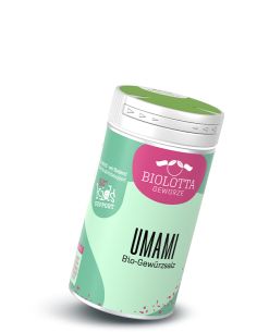 Dose Biolotta Umami Bio-Gewürzsalz mit grünem Deckel und mintgrün-rosa Etikett.