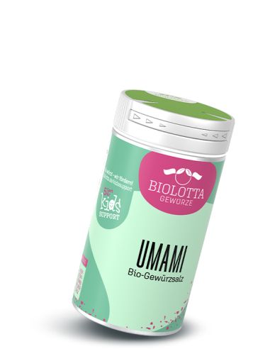 Dose Biolotta Umami Bio-Gewürzsalz mit grünem Deckel und mintgrün-rosa Etikett.