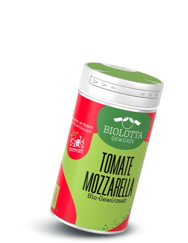 Dose Biolotta Tomate Mozzarella Bio-Gewürzsalz mit grünem Deckel und rot-grünem Etikett.