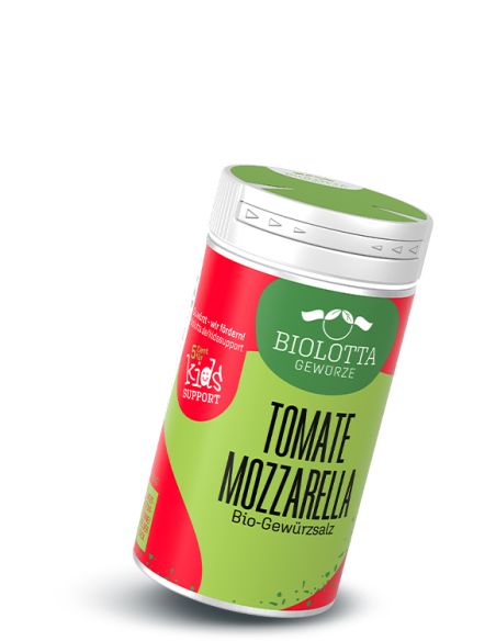 Dose Biolotta Tomate Mozzarella Bio-Gewürzsalz mit grünem Deckel und rot-grünem Etikett.