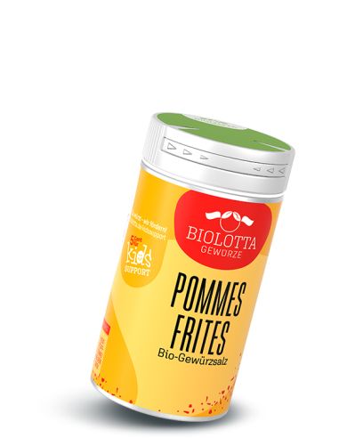 Dose Biolotta Pommes Frites Bio-Gewürzsalz mit gelb-rotem Etikett und grünem Deckel.