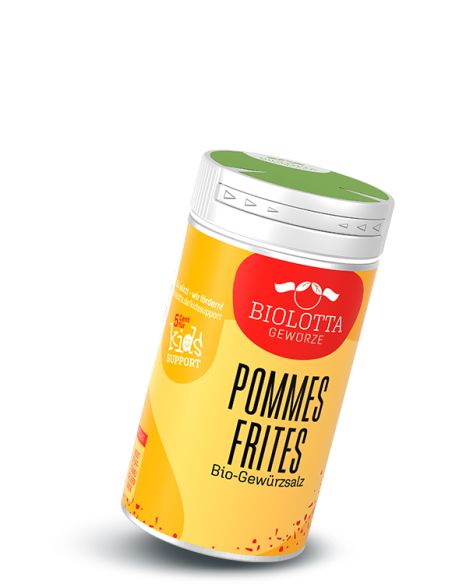 Dose Biolotta Pommes Frites Bio-Gewürzsalz mit gelb-rotem Etikett und grünem Deckel.