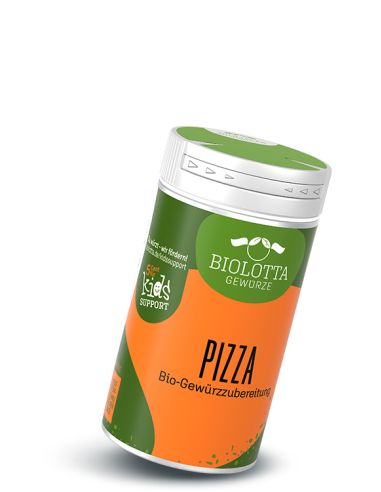Dose Biolotta Pizza Bio-Gewürzzubereitung mit grün-orangefarbenem Etikett.
