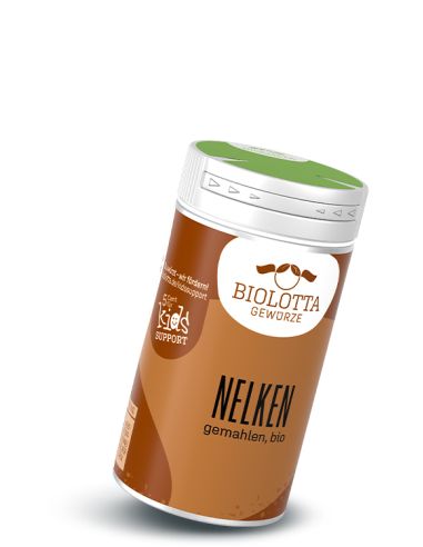 Dose Biolotta Nelken gemahlen, bio, mit braunem Etikett und grünem Deckel.