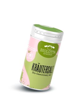 Dose Biolotta Kräutersalz Bio-Gewürzsalz mit grün-rosafarbenem Etikett und grünem Deckel.