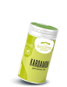 Dose Biolotta Kardamom gemahlen, bio, mit hellgrünem Etikett und grünem Deckel.