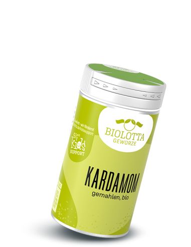 Dose Biolotta Kardamom gemahlen, bio, mit hellgrünem Etikett und grünem Deckel.
