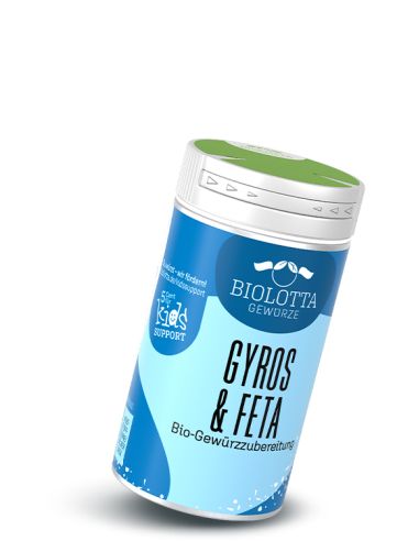 Dose Biolotta Gyros & Feta Bio-Gewürzzubereitung mit blauem Etikett und grünem Deckel.