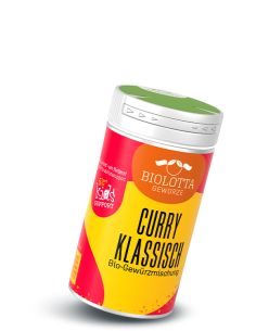 Dose Biolotta Curry Klassisch Bio-Gewürzmischung mit gelb-rotem Etikett und grünem Deckel.