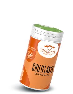 Dose Biolotta Chiliflake geschrotet, bio, mit orangefarbenem Etikett und grünem Deckel.