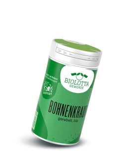Gewürzstreuer mit kräftig grünem Etikett mit der Aufschrift Bohnenkraut, gerebelt, bio
