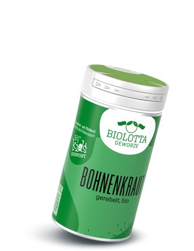 Gewürzstreuer mit kräftig grünem Etikett mit der Aufschrift Bohnenkraut, gerebelt, bio