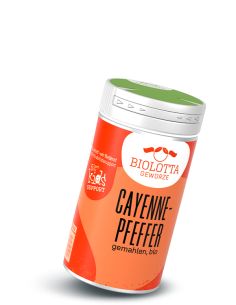 Roter Gewürzstreuer mit der Aufschrift Cayennepfeffer, gemahlen, bio