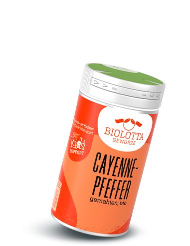 Roter Gewürzstreuer mit der Aufschrift Cayennepfeffer, gemahlen, bio