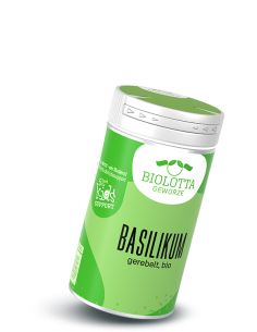 Grüner Gewürzstreuer mit der Aufschrift Basilikum, gerebelt, bio