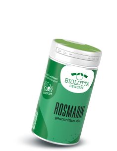 Grüner Gewürzstreuer mit weißem Etikett mit der Aufschrift Rosmarin, geschnitten, bio