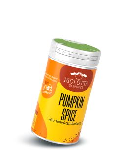 Gewürzstreuer mit orange-gelbem Etikett mit der Aufschrift Pumpkin Spice, Bio-Gewürzmischung