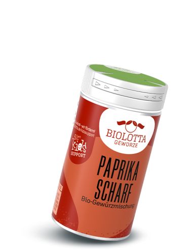 Gewürzstreuer mit rot-orangenem Etikett mit der Aufschrift Paprika scharf, Bio-Gewürzmischung