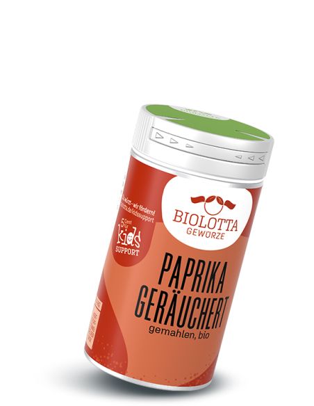 Gewürzstreuer mit rot-orangefarbenem Etikett mit der Aufschrift Paprika Geräuchert, gemahlen, bio