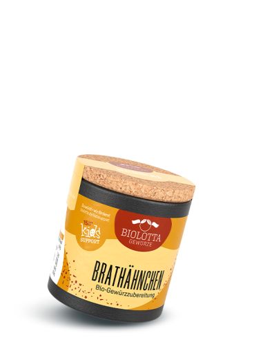 Schwarze Pappdose mit orange-gelbem Etikett mit der Aufschrift Brathähnchen – Bio-Gewürzzubereitung