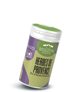 Gewürzstreuer mit grün-lila Etikett mit der Aufschrift Herbes de Provence, Bio-Kräutermischung