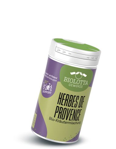 Gewürzstreuer mit grün-lila Etikett mit der Aufschrift Herbes de Provence, Bio-Kräutermischung