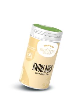 Gewürzstreuer mit beigefarbenem Etikett mit der Aufschrift Knoblauch, granuliert, bio