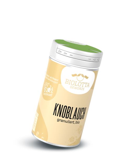 Gewürzstreuer mit beigefarbenem Etikett mit der Aufschrift Knoblauch, granuliert, bio