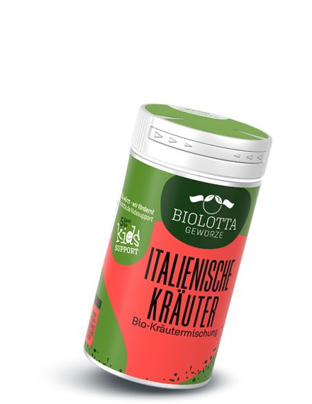 Gewürzstreuer mit grün-rotem Etikett mit der Aufschrift Italienische Kräuter, Bio-Kräutermischung