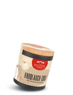 Schwarze Pappdose mit beigefarbenem Etikett mit der Aufschrift knoblauch-chili – bio-gewürzzubereitung