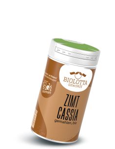 Gewürzstreuer mit braunem Etikett mit der Aufschrift Zimt Cassia, gemahlen, bio