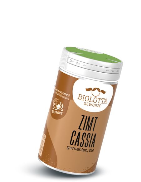 Gewürzstreuer mit braunem Etikett mit der Aufschrift Zimt Cassia, gemahlen, bio