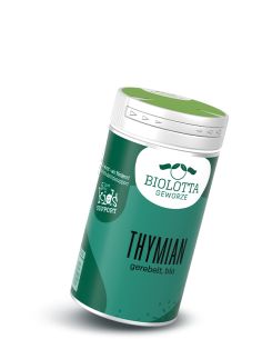 Gewürzstreuer mit dunkelgrünem Etikett mit der Aufschrift Thymian, gerebelt, bio