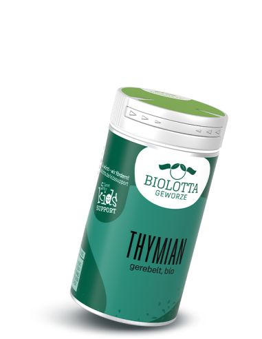 Gewürzstreuer mit dunkelgrünem Etikett mit der Aufschrift Thymian, gerebelt, bio