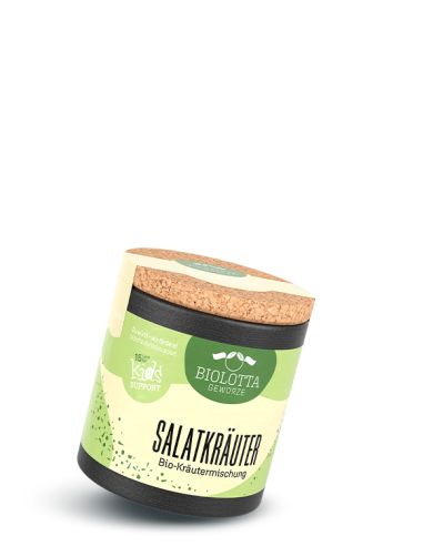 Schwarze Pappdose mit hellgrünem Etikett mit der Aufschrift Salatkräuter, Bio-Kräutermischung