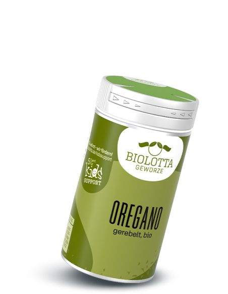 Schwarze Pappdose mit olivgrünem Etikett mit der Aufschrift Oregano, gerebelt, bio