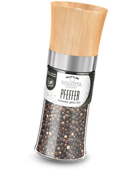 Transparente Gewürzmühle mit schwarzem Etikett mit der Aufschrift „PFEFFER schwarz, ganz, Bio“ und Holzdeckel.