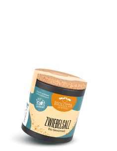 Schwarze Pappdose mit türkis-beigem Etikett mit der Aufschrift Zwiebelsalz, Bio-Gewürzsalz