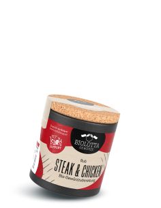 Schwarze Pappdose mit beigem Etikett und rotem Akzent mit der Aufschrift Steak & Chicken, Bio-Gewürzzubereitung