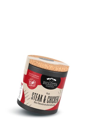 Schwarze Pappdose mit beigem Etikett und rotem Akzent mit der Aufschrift Steak & Chicken, Bio-Gewürzzubereitung