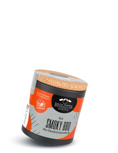 Schwarze Pappdose mit graurotem Etikett mit der Aufschrift Smoky BBQ, Bio-Gewürzzubereitung